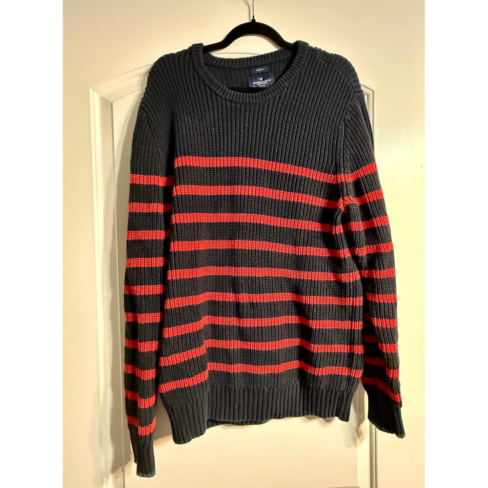 American Eagle Sweater L Navy Blue Red Striped Preppy Fit Cotton Grunge Nautical